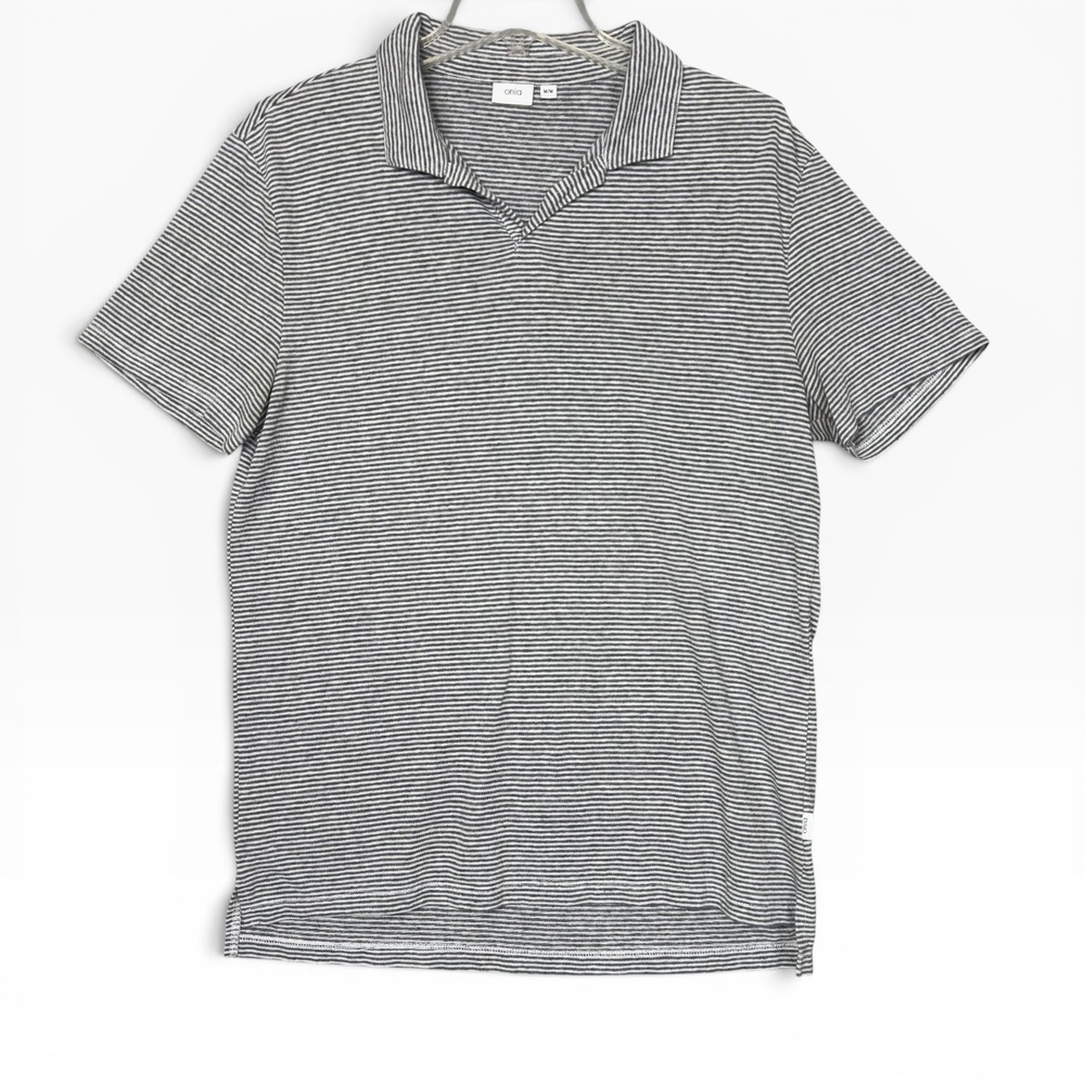Onia Striped Linen Blend Polo Shirt Mens Medium Grey White Short Sleeve V-Neck